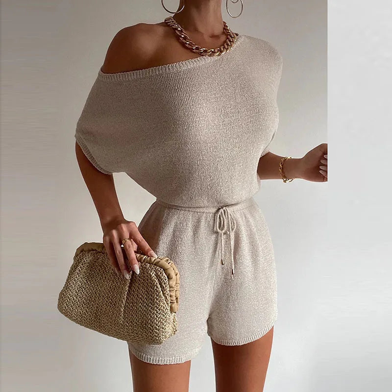 New Spring Tieup Shorts Jumpsuit Off Shoulder Slim Knitted Romper Playsuit Summer Short Sleeve Hollow Overalls