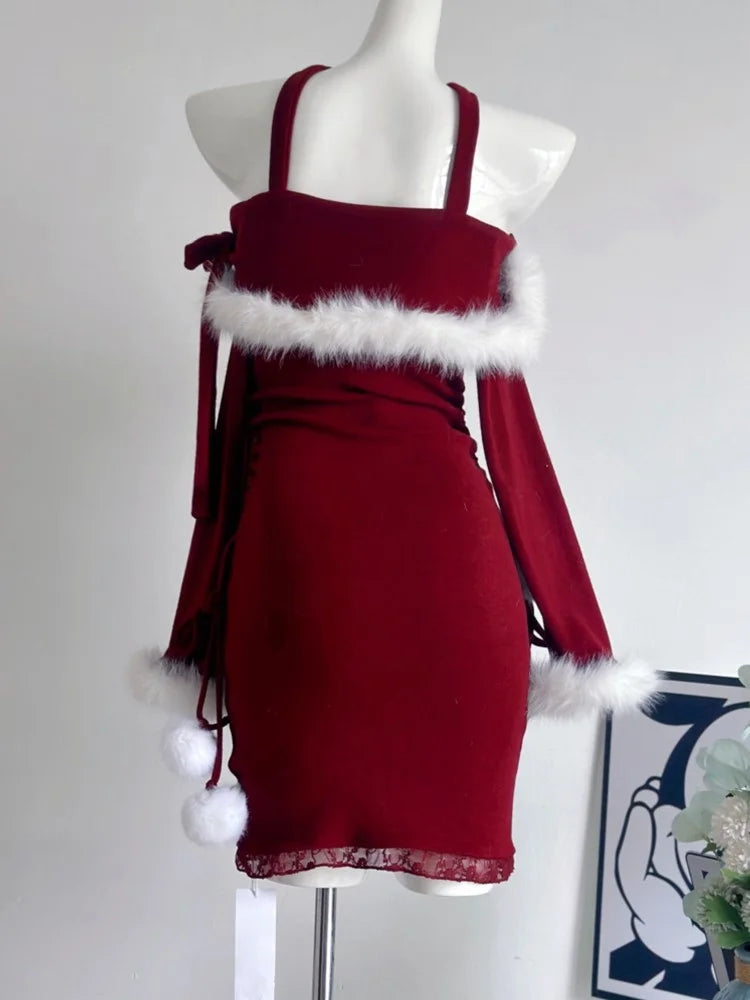 Kawaii Halter Mini Dress Sweet Bodycon Princess Christmas Birthday Party Dresses Autumn Female Slim Fit Short Vestidos Mujer New