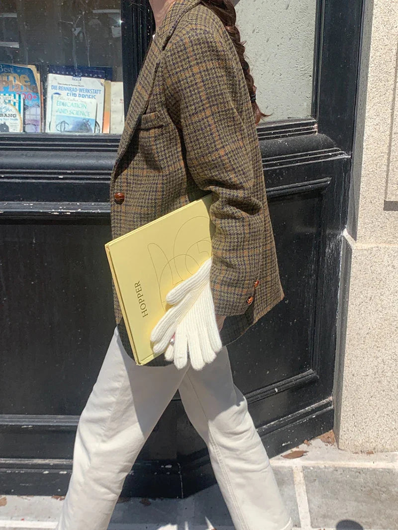 Wool Blends Coats Plaid Woolen Jacket Commute Blazer Korean Long Sleeve Outerwears Winter Overcoat