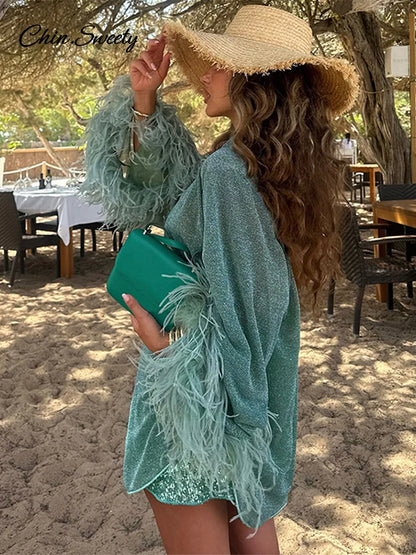 Glitter Feather Oversize Shirt Sparkle Stand Collar Single-breasted Long Flare Sleeve Blouse Lady Y2k Outwear