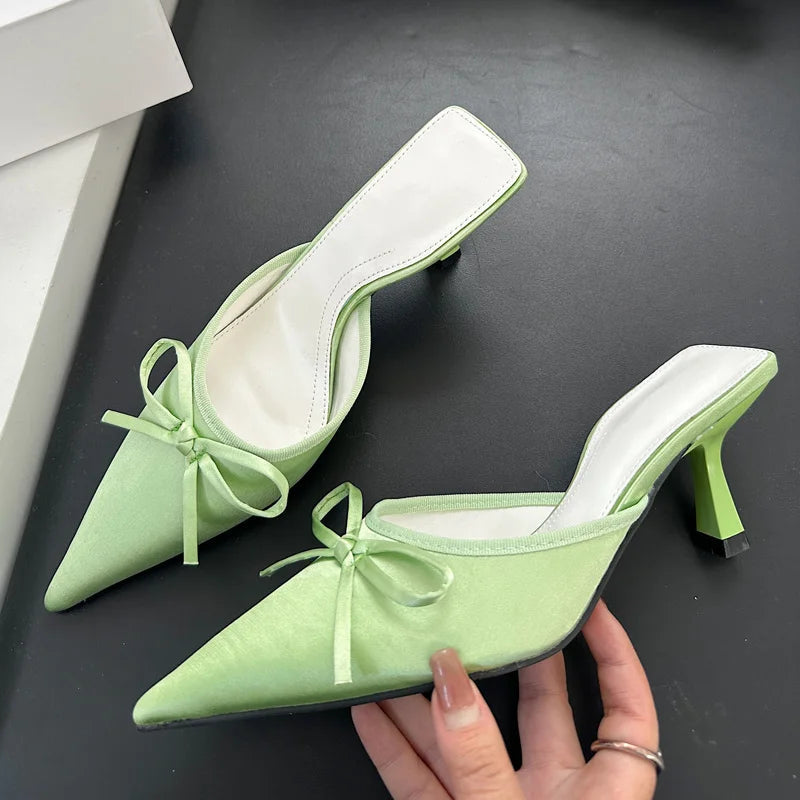 Spring New Butterflyknot Slipper Pointed Toe Slip on Mules Thin Low Heel Sandal Shoes Zapatos Mujer