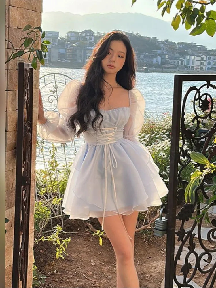Sweet Kawaii Mini Dress Korean Party Dress Fairy Princess Puff Sleeve Summer Prom Dress