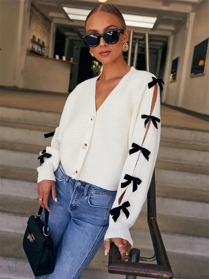 Tee Bow Knit Cardigan Sweater V-neck Ribbed Hollow Out Contrast Lace-up Knitwear Coat Female Outwear