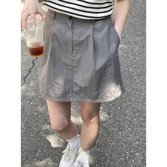 Summer Korean Retro High Street Drawstring Gray Nylon Low Waist Mini Skirt Skirt