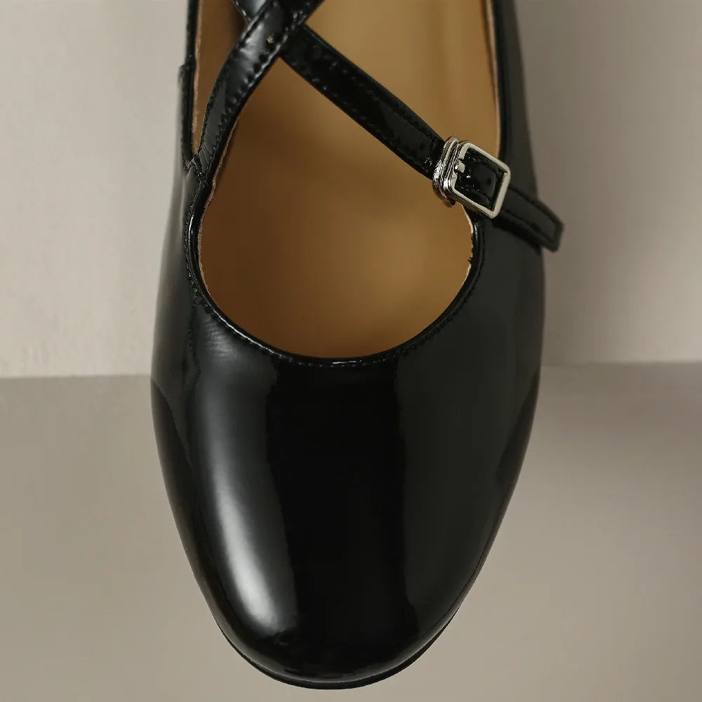 Genuine Leather Double Metal Belt Cross Strap Slipon Flats Daily Single Shoes Soft Comfortable Female Daily Shoe