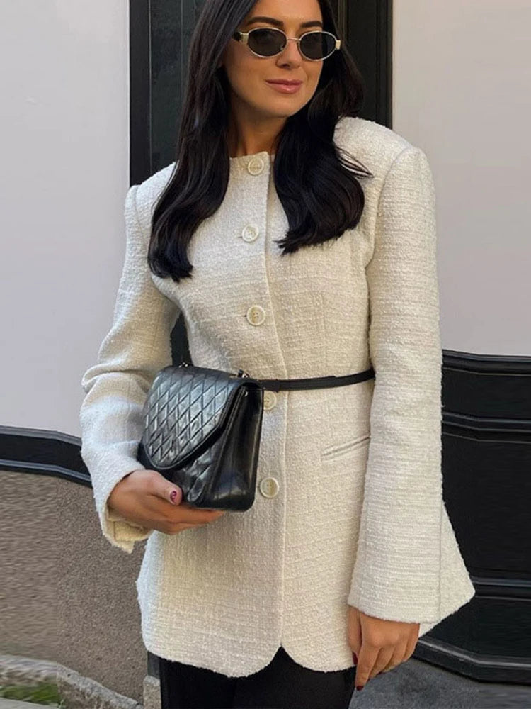 Tweed ’s Blazer Coat Slim O Neck Single Breasted Shoulder Pad Thick Jacket Female Spring Office Lady Outwear
