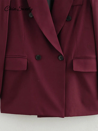 Burgundy Lapel Blazer Coat Double Breasted Full Sleeve Pocket Jacket Fall New Female Commute Outwear