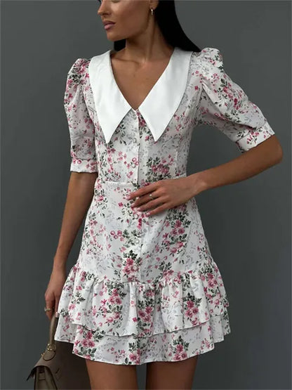 Printed Ruffled V-neck Mini Dress Female Short Sleeve Slim High Waist Party Dress ’s Summer Dress New