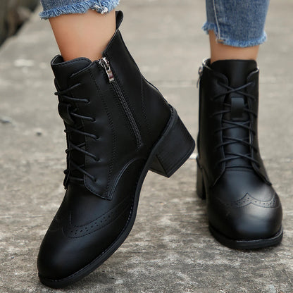 Square Head Splice Lace Up Versatile Autumn Winter Square Med Heel Ankle Boots Lace Up Zipper Pumps Leather Shoes