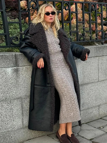 Lamb Wool Pu Leather Long Jacket With Belt Patchwork Lapel Pocket Oversize Overcoat Winter Warm Thick Outwear