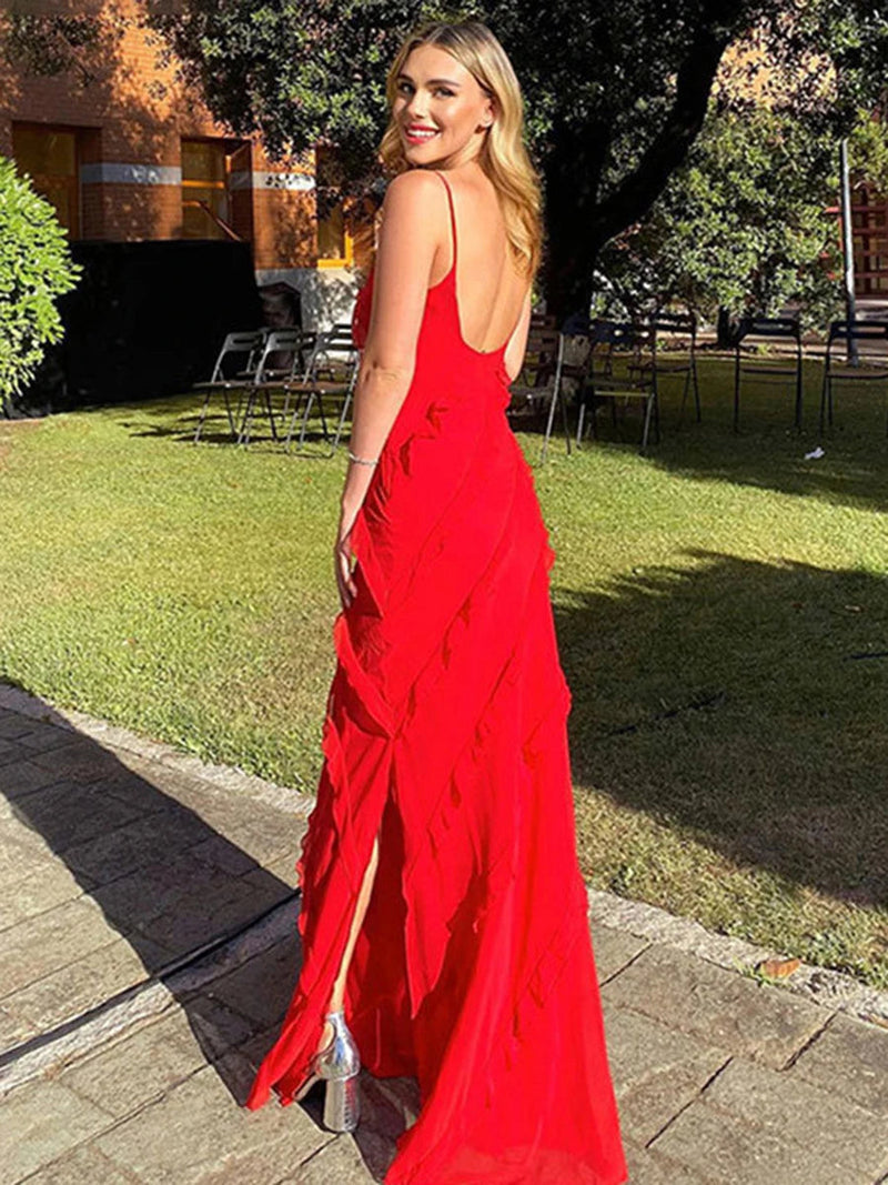 Ruffle Backless Maxi Dress New Vneck Sleeveless Suspender Slit Long Dresses Evening Party Dress