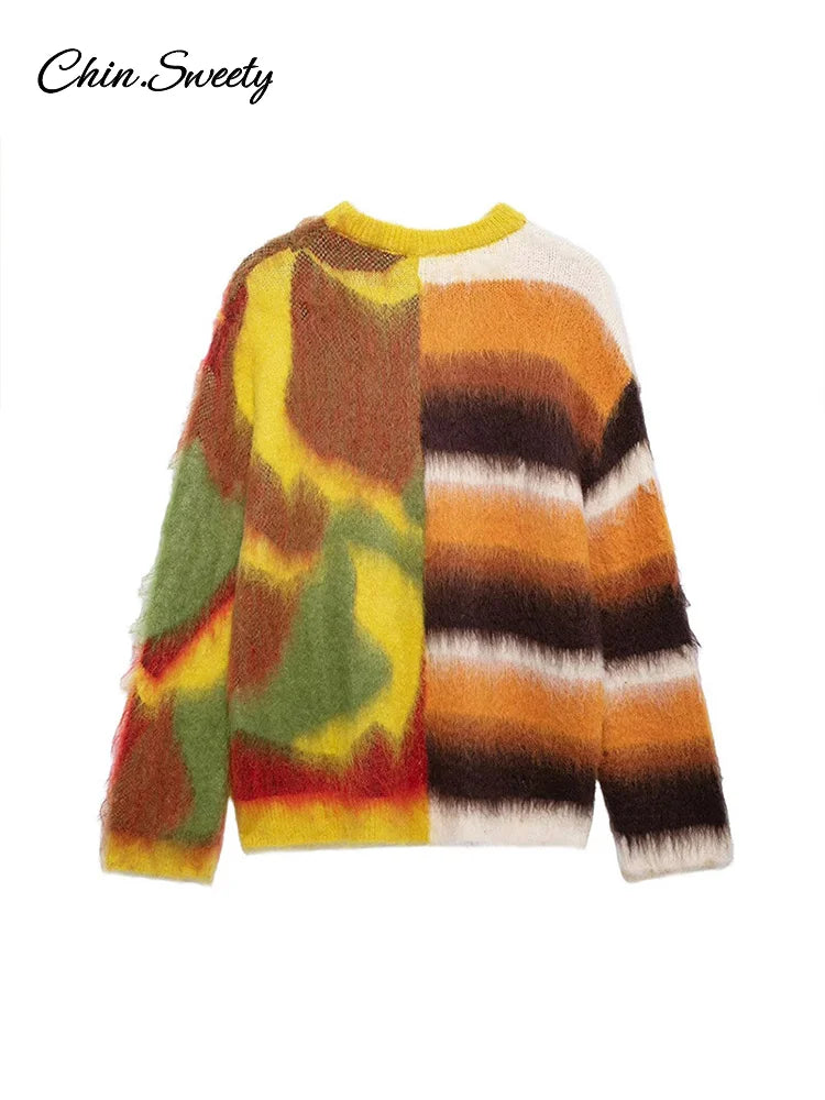 Mohair Knit Pullover Colorful O-neck Long Sleeve Loose Sweater New Autumn Lady All-matching Knitwear