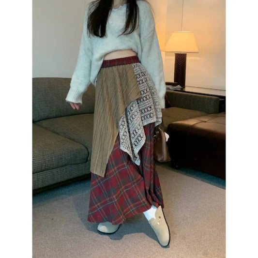 Contrast Color Patchwork Aline Skirt Spring New High Waist Hollow Loose Pleated Plaid Midlength Skirt