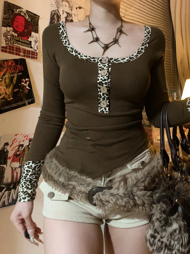 Y2k Retro Irregular ��s Tops Long Sleeve Patchwork Leopard Square Collar Button Ripped T-shirts