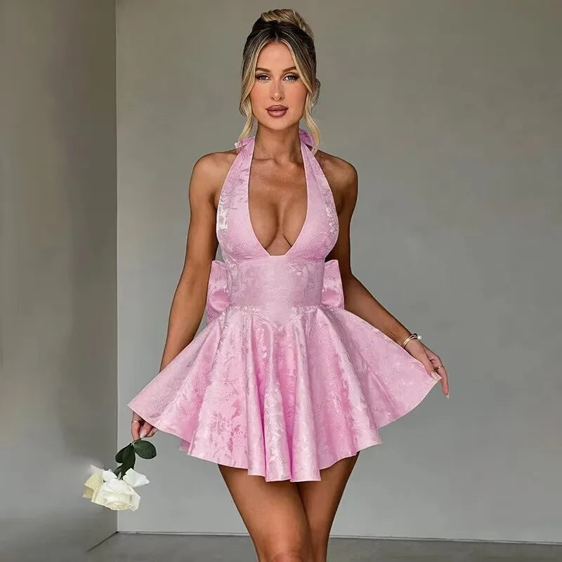 Bow Backless Jacquard a Line Mini Dress