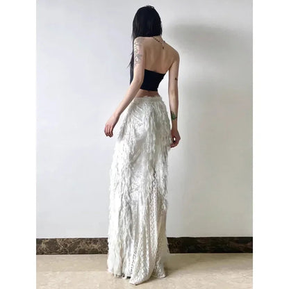 Korean High Waist Color Allmatch Midlength Skirt Winter New Tassel Stitching Aline Skirt