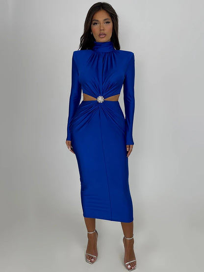 Hollow Out Maxi Dress for Autumn Winter New Turtleneck Long Sleeve Bodycon Club Party Evening Dress