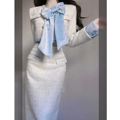 Autumn Winter New Korean Two-piece Skirt Set Crop Jacket Coat Bodycon High Waist Midi Skirt Outfits