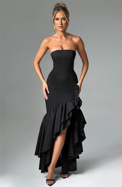 Strapless High Split Ruffle Long Dress for Off-shoulder Backless Sleeveless Bodycon Club Party Dress