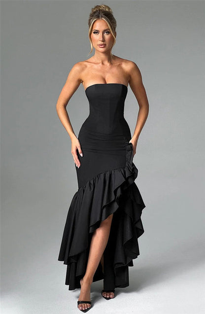 Strapless High Split Ruffle Long Dress for Off-shoulder Backless Sleeveless Bodycon Club Party Dress