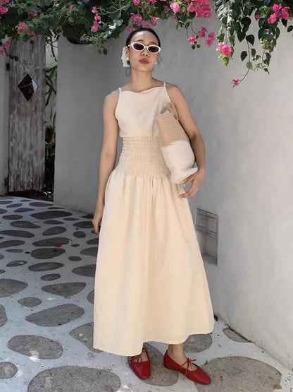 Korean Summer New French Vacation Style Wrinkles Hugging Waist Stretching Sleeveless Strap Long Dresses