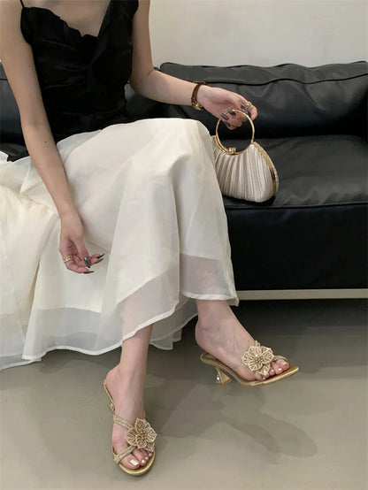 Outdoor Party Crystal Flower Slipper Transparent Sandal Rhinestone Low Heels Mules Slide Shoes Zapatos Mujer