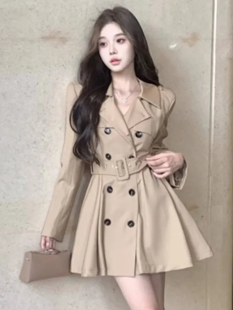 Autumn New Korean Trench Coat Dresses for With Belt Turn-down Collar Double Breasted Female Clothing
