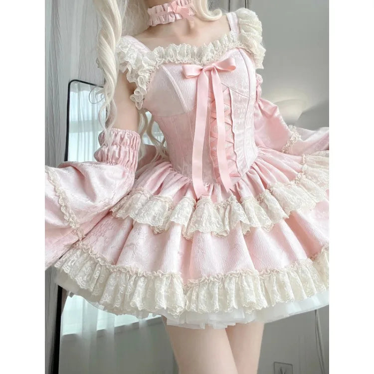 Sweet Lolita Princess Dress Kawaii Lace Ruffles Bow Slim Dresses Japan Harajuku Y2k Evening Party Mini Dress