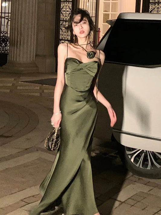 Summer Spaghetti Strap Evening Party Prom Club New Backless Split Satin Long Dresses Female Vestidos