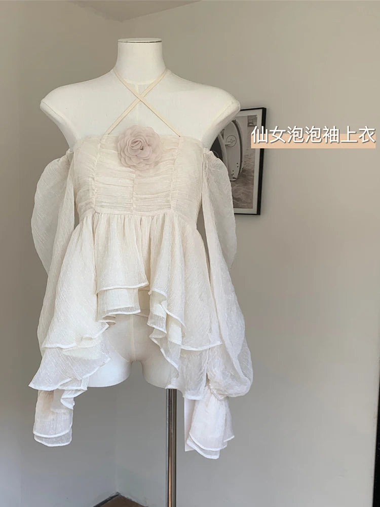 French Fairycore Butterfly Sleeve Blouses Sweet Thin Bandage Crop Top Simple Shirts Appliques Design Summer