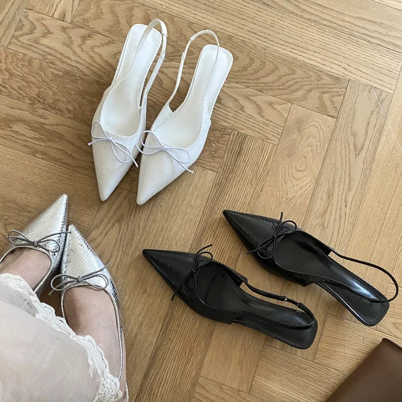 Spring Butterflyknot Thin Low Heels Pumps Sandals Pointed Toe Slipon Slingback Shoes