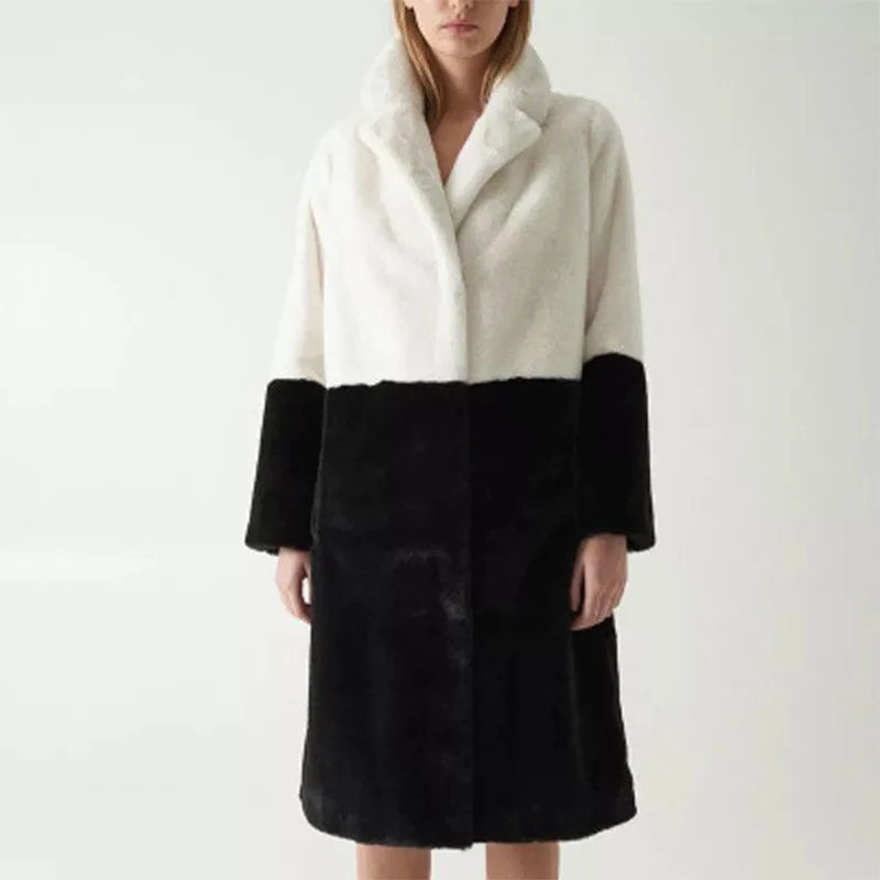 Mixed Color Patchwork Faux Mink Fur Winter Coat Jacket Fluffy Lapel Collar Brand Long Overcoats