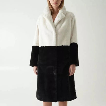 Mixed Color Patchwork Faux Mink Fur Winter Coat Jacket Fluffy Lapel Collar Brand Long Overcoats