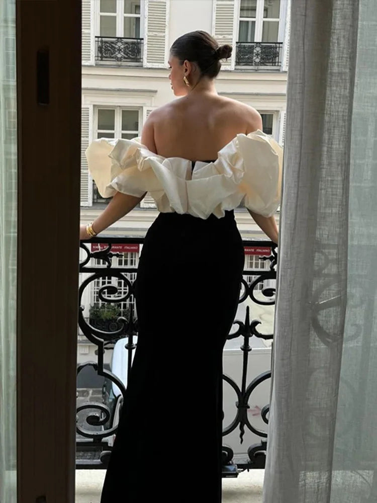 Off Shoulder Long Dresses Slim Black Patchwork Petal Sleeves Robes Female Versatile Party Evening