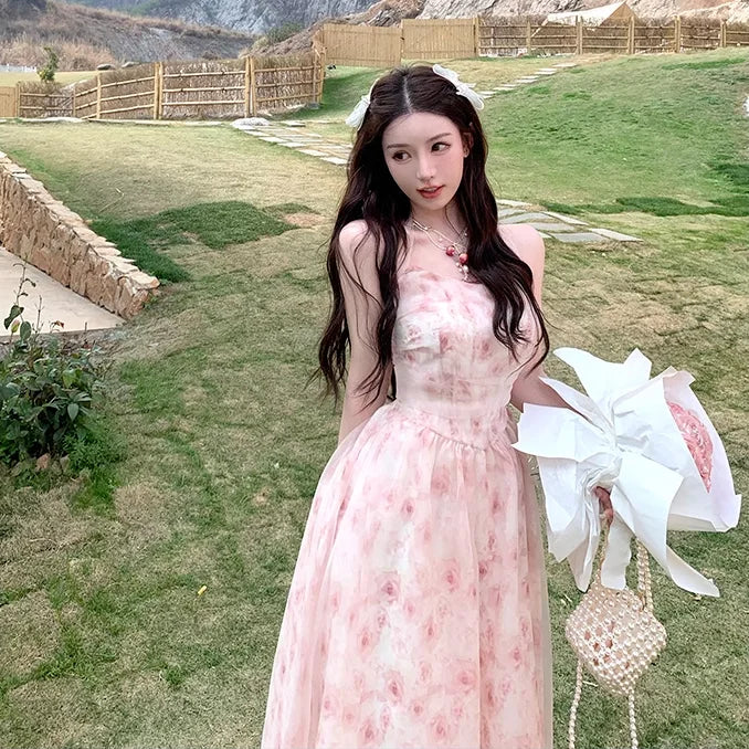 Halterneck Dress for Korean Pink Rose Chiffon Clothing New Summer Party Korean Long Dresses.