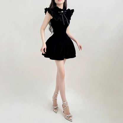 Flying Sleeve Aline Velvet Dress Black Sweet Japanese Style Sleeveless Princess Mini Dresses for Party Holiday