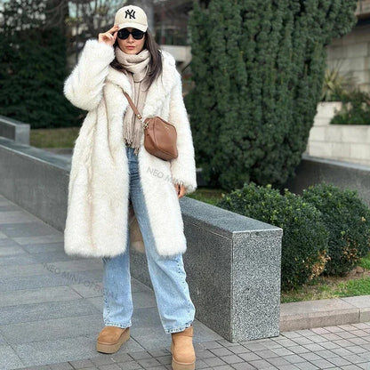 Slouchy Gradient Long Eco Faux Fur Coat Winter Thick Warm Fluffy Fox Fur Jacket Brand Overcoat