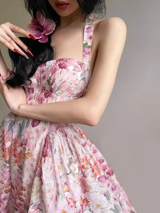 Suspender Dress French Exquisite Print Summer Vacation Seaside Swing Long New Long Dress