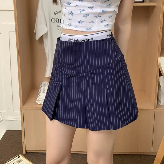 Contrast Color Patchwork Pleated Aline Skirt Spring New Fake Twopiece Letter Printed Slim Mini Skirt
