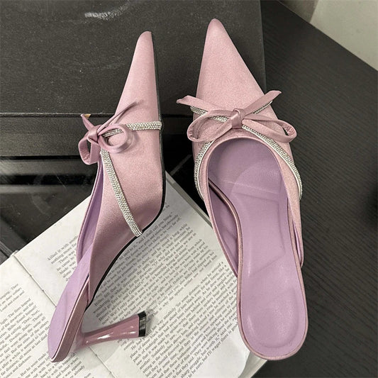 Crystal Butterflyknot Woman Pumps Design Style Low Heels Pointed Toe Shallow Shoes Slides Mules Slippers