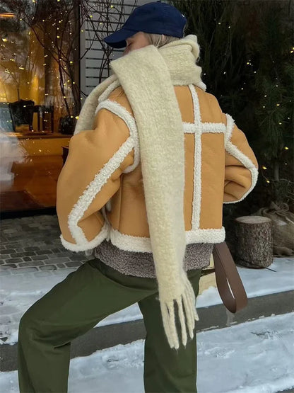 Pu Lapel Fluffy Oversized Sweater Outwear Winter Pocket Patchwork Contrast for Coat New