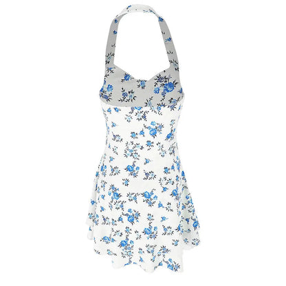 Halter Mini Dresses Spring Summer New Slim Blue Print Dress Backless Dress