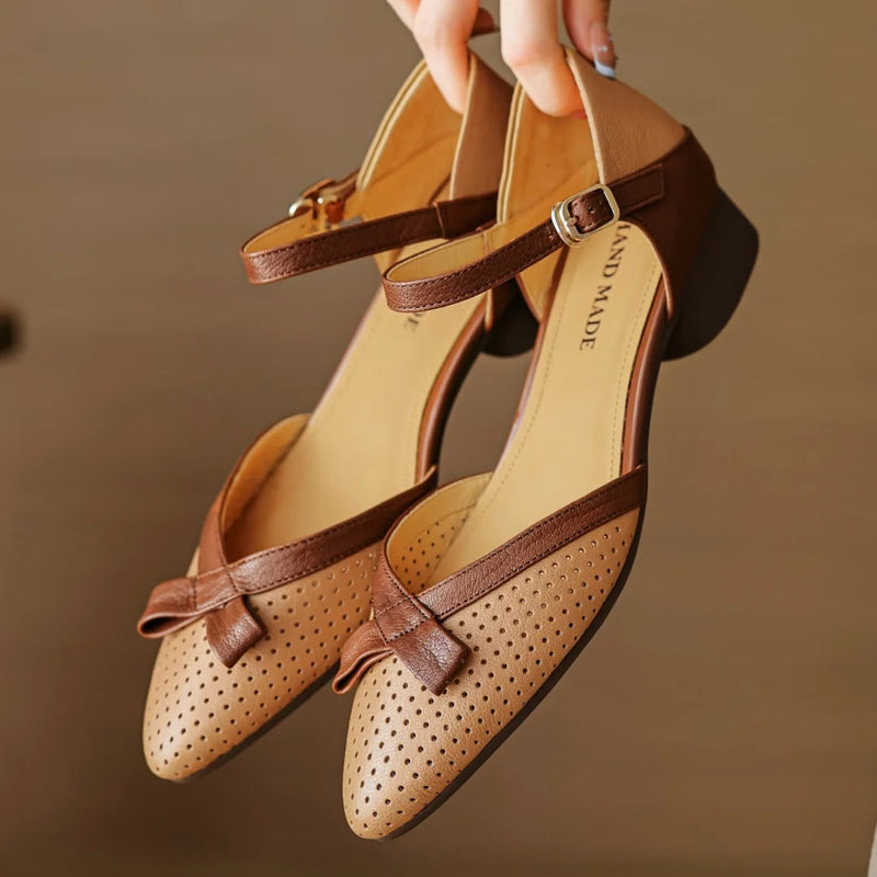 3441 Sheepskin Hollowout Mix Color Patchwork Ankle Strap Flats Sandals Round Toe Daily Shoes