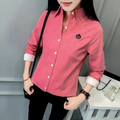 Very Thick Winter Style Blouses Shirts Lady Long Sleeve Turn-down Collar Velvet Blusas Tops Df3161
