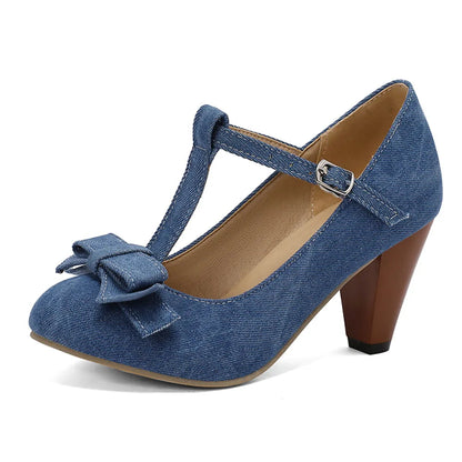 48 Brand New Round Toe Chunky Heel Pumps Bow Buckle Summer Party Shoes