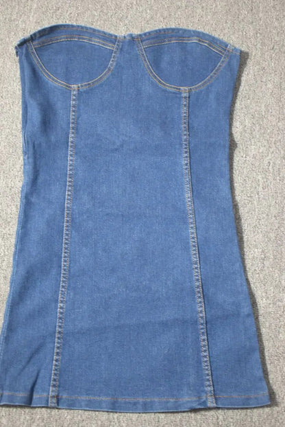 V High Street Denim Suit Spring New Short Coat Jacket Suspenders Tube Top Dress Korean Twopiece Set