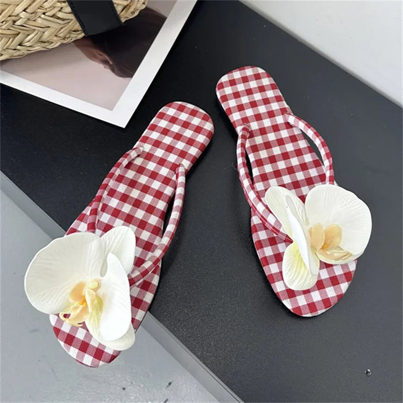 Summer Design Flower Geometric Clip Toe Low Flat Heels Slippers Flip Flops Party Shoes