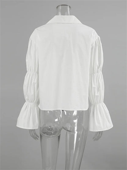 Chiffon Lace-up Hollow Out Shirts ’s Lapel Patchwork Bandage Long Sleeve Blouse Top Female White Outwear
