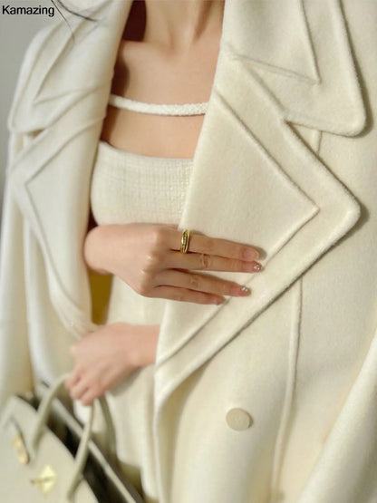New Woolen Long Coat Spring Warm Double Breasted Lapel Overcoat With Belt Female