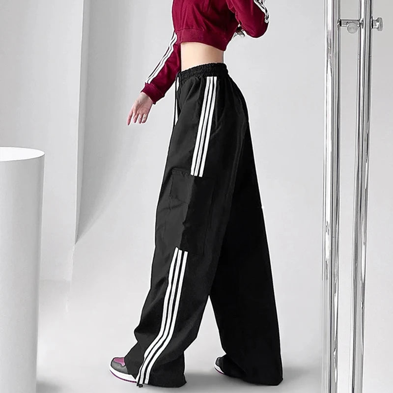Striped Sweatpants Hip Hop Baggy Wide Leg Cargo Pants Bf Y2k High Waist Drawstring Joggers Trousers